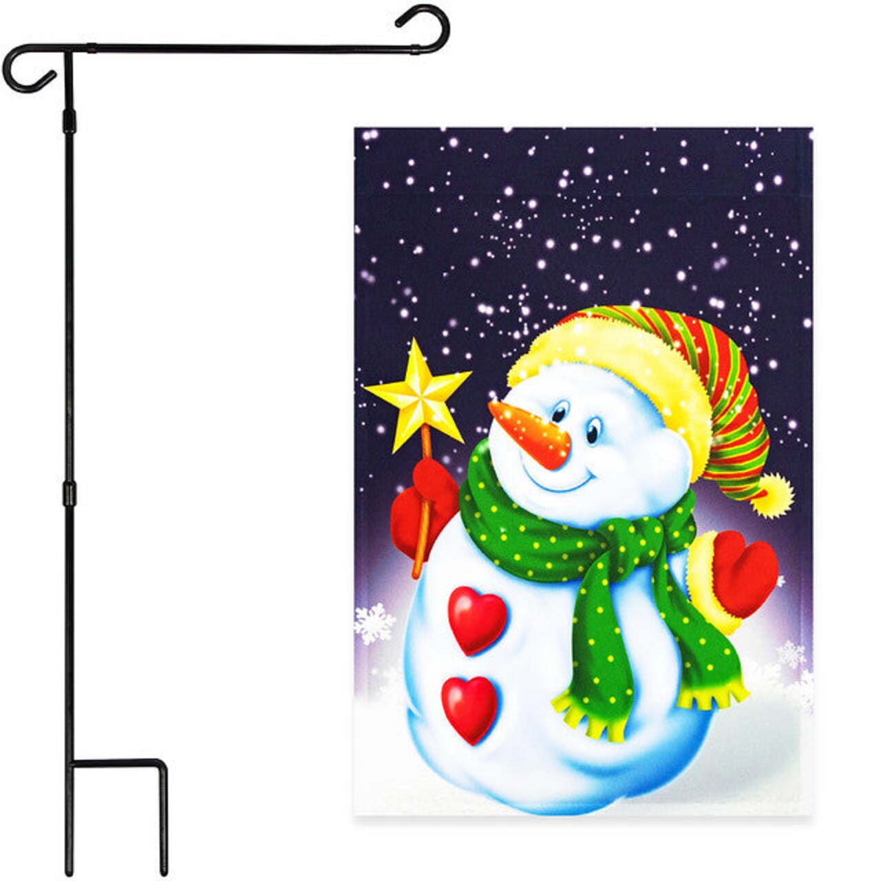 G128 Combo Pack: Garden Flag Stand Black 36x16 Inch & Garden Flag Snowman with Star 12x18 Inch